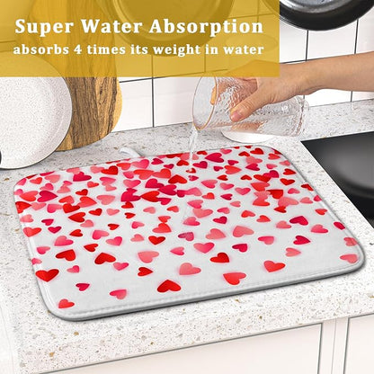 Valentines Dish Drying Mat for Kitchen Counter Hearts Holiday Microfiber