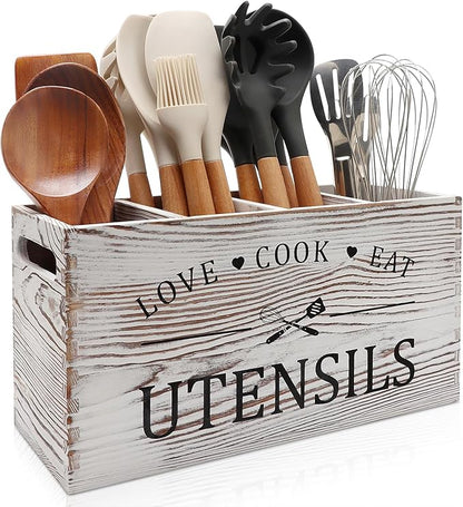 Rustic White Wooden Utensil Holder