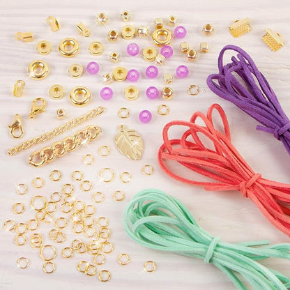 Make It Real: Gold-Link Suede Bracelets Kit - Create 6 Unique Cord & Tassel Charm Bracelets, 105 Pieces, Includes Play Tray, DIY Link & Bead Jewelry Kit, Tweens & Girls, Arts & Crafts, Kids Ages 8+