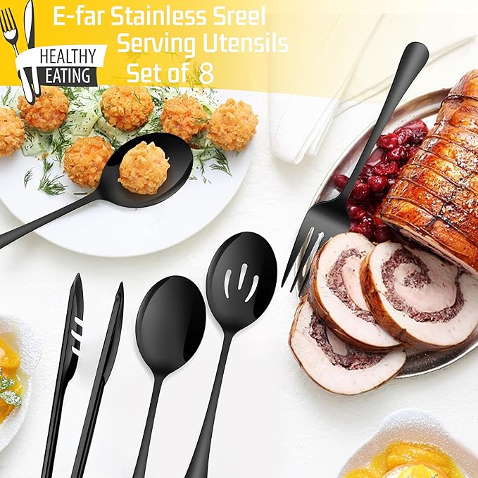 Large Black Serving Utensils Set of 8, E-far Stainless Steel 9.8 Inch Serving Spoon Slotted Spoon, 9.9 Inch Fork, 9.4 Inch Tong for Buffet Catering, Mirror Finish & Dishwasher Safe