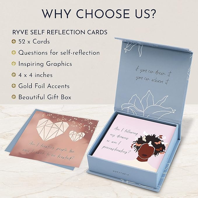 RYVE 52 Empowering Question Cards for Mindfulness, Meditation and Therapy - Self Care, Self Reflection & Positive Affirmation Cards for Women, Mindfulness, Self Love, Self Care Gifts for Women