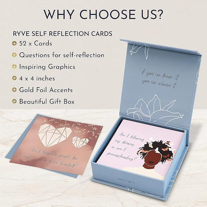 RYVE 52 Empowering Question Cards for Mindfulness, Meditation and Therapy - Self Care, Self Reflection & Positive Affirmation Cards for Women, Mindfulness, Self Love, Self Care Gifts for Women