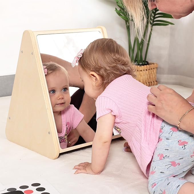 Baby Double-Sided Tummy Time Mirror w/ 2 Package High Contrast Visual Stimulation Cards, Sensory Activity Montessori Toys for 0-18+ Months Boys Girls