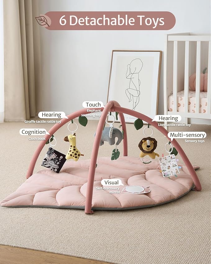 Blissful Diary Baby Play Gym & Activity Mat, Oversize Leaf Shaped Tummy Time Baby Play Mat w 6 Detachable Toys Promotes Motor Skills & Sensory Development, Newborn Infant Essentials Gift, Crystal Pink