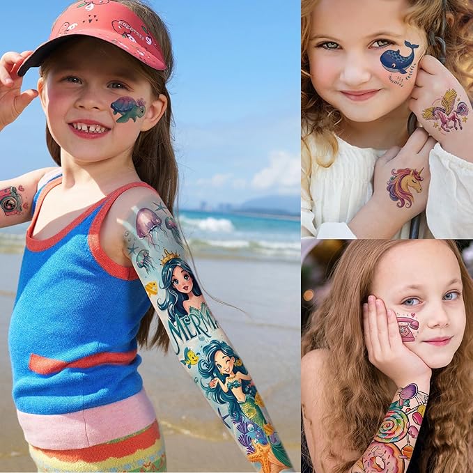 52 Pcs Temporary Tattoo for Kids Full Arm Mermaid Butterfly Cat Truck Dinosaur Rocket Planet Cute Animal Body Face Fake Arm Tattoos for Girls Boys Tiny Tattoo Stickers Birthday Gifts Party Supplies