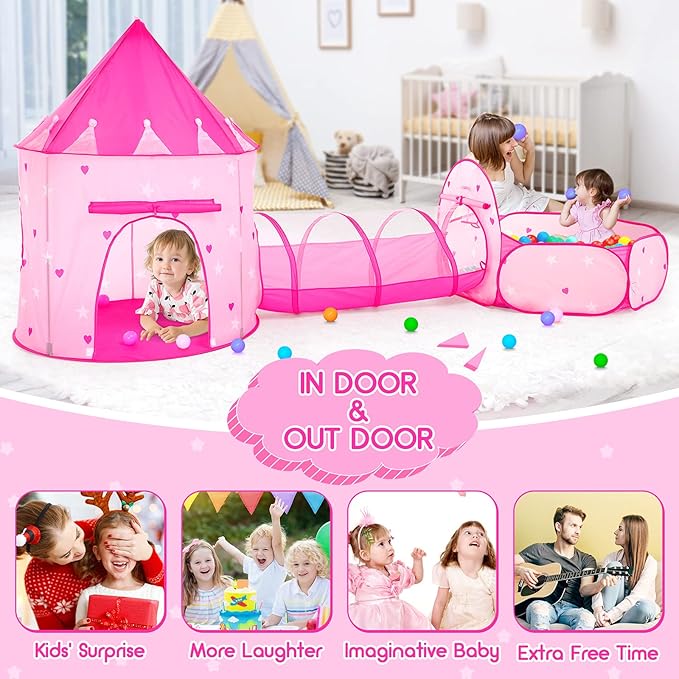 PigPigPen 3pc Kids Play Tent for Girls with Ball Pit, Crawl Tunnel, Princess Tents for Toddlers, Baby Space World Playhouse Toys, Boys Indoor& Outdoor Play House, Perfect Kid’s Gifts