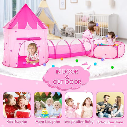PigPigPen 3pc Kids Play Tent for Girls with Ball Pit, Crawl Tunnel, Princess Tents for Toddlers, Baby Space World Playhouse Toys, Boys Indoor& Outdoor Play House, Perfect Kid’s Gifts