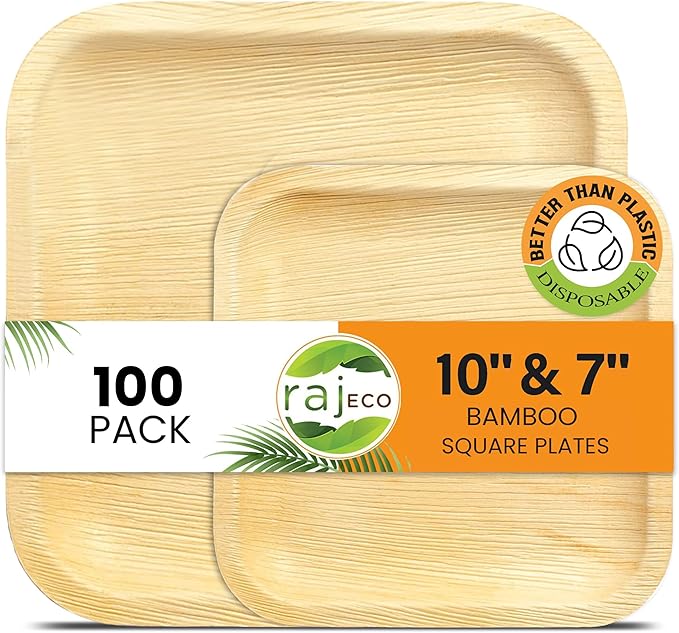 Raj Palm Leaf Plates Disposable Bamboo Plates 10 Inch & 7 Inch Square Party Pack (100 Pc) Compostable and Biodegradable - Better than Plastic & Paper Plate for Lunch, Birthday, Camping
