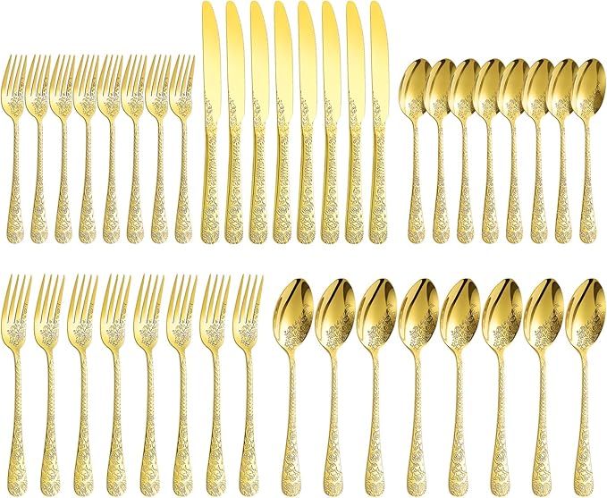 Floral 40 Pcs Gold Silverware Set for 8, Food Grade Stainless Steel Flatware Set with Rose Flower Embossed Design, Eating Utensils Sets Include Fork/Knife/Spoon, Reusable Cutlery Set, Dishwasher Safe