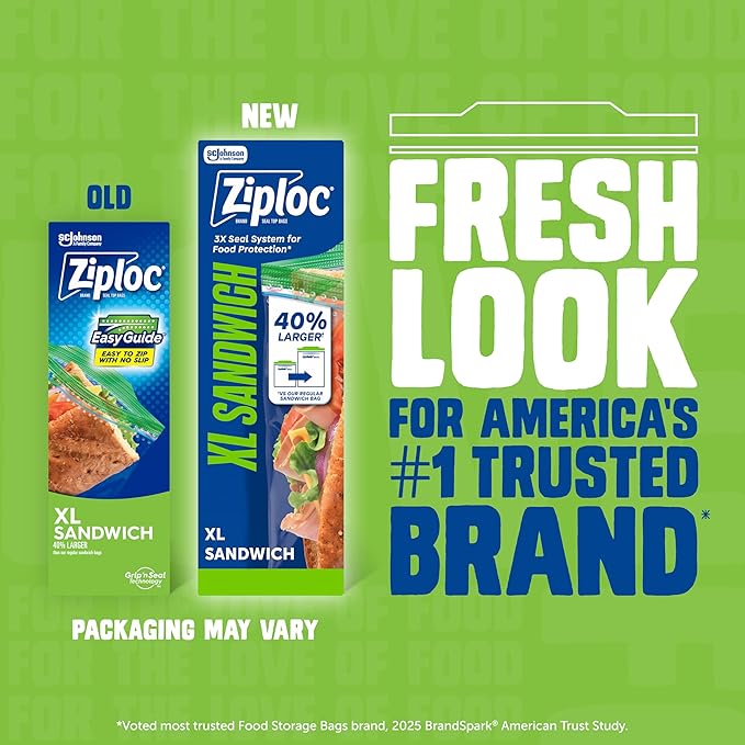 Ziploc XL Sandwich and Snack Bags with EasyGuide Texture, Plastic Storage Bags with Grip 'n Seal Technology, 30 Bags Total
