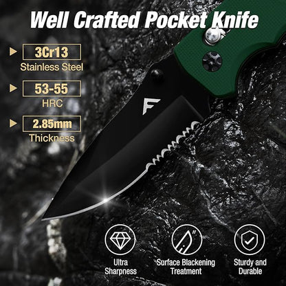 FLISSA Folding Pocket Knife with Clip, Glass Breaker and Seatbelt Cutter, Survival Knife for Emergency Rescue Situations, EDC Knife for Tactical, Hunting, Camping, Outdoor, Unique Gifts for Dad, Father-Green