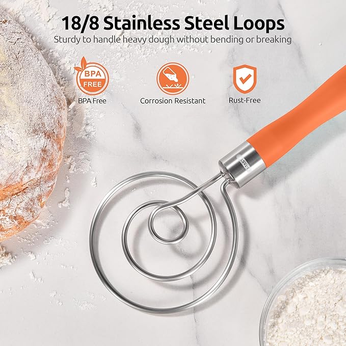 U-Taste 12.6in Danish Dough Whisk: 18/8 Stainless Steel Heavy-Duty Sourdough Mixer Tool, Food Grade Dutch Style Seamless Bread Wisk, Sturdy for Mixing, Stirring, Kneading Thick Batter (Orange)