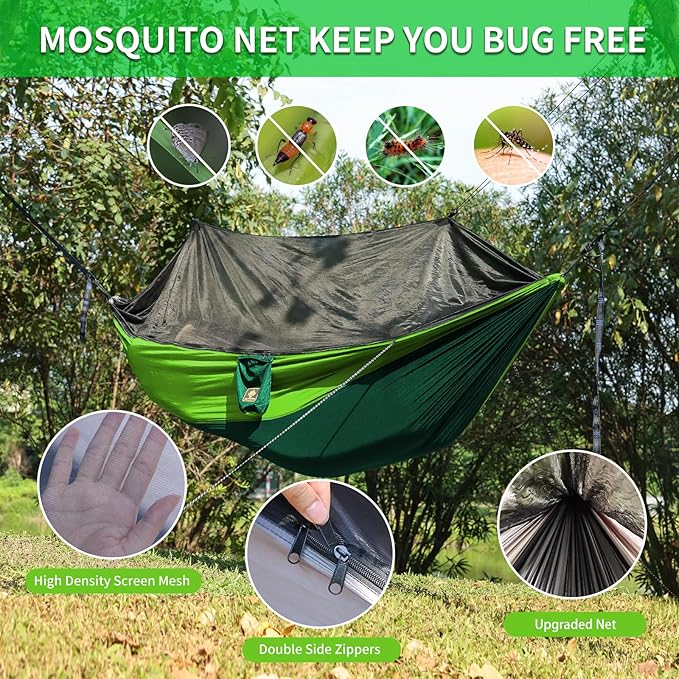 Camping Hammock with Net,Travel Portable Lightweight Hammocks with Tree Straps and Solid D-Shape Carabiners,Parachute Nylon Hammock for Outsides Backpacking Beach Backyard Patio Hiking