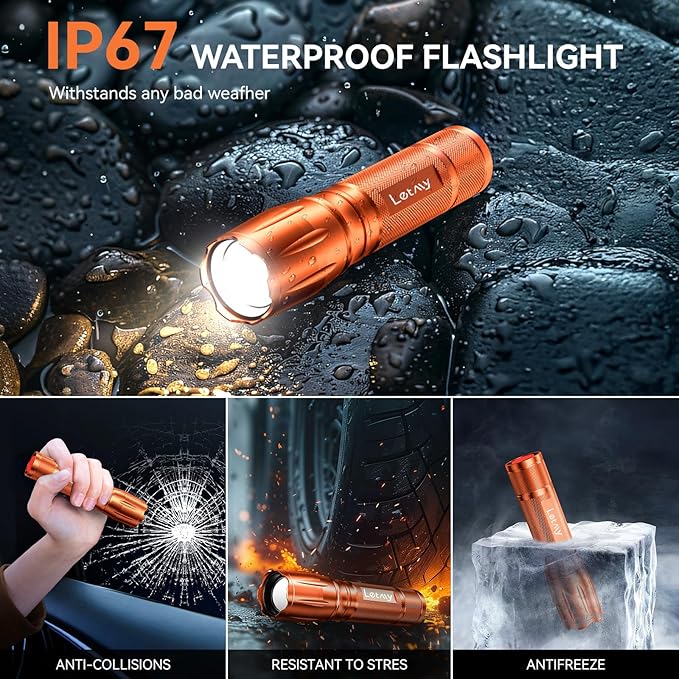 LETMY Tactical Flashlight S2000-2 Pack Bright Military Grade LED Flashlights High Lumens - Portable Handheld Flash Light, 5 Modes Zoomable Waterproof Flashlights for Home Emergency Camping- Orange