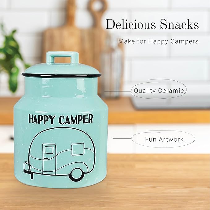 Young's Inc. Ceramic Cookie Jar - Cute Kitchen Counter Storage Canister with Lid - Perfect for Cookies, Coffee, Tea, Candy, Dog Treats, and More - Happy Camper - Mint