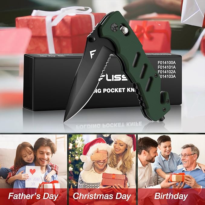 FLISSA Folding Pocket Knife with Clip, Glass Breaker and Seatbelt Cutter, Survival Knife for Emergency Rescue Situations, EDC Knife for Tactical, Hunting, Camping, Outdoor, Unique Gifts for Dad, Father-Green