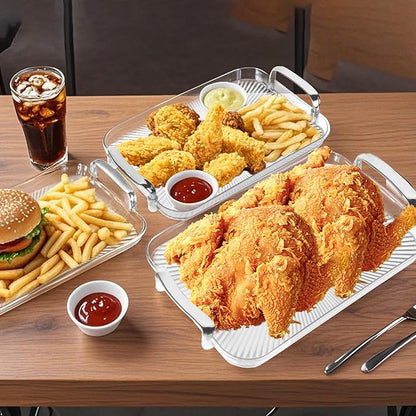 Serving Tray with Handles Set of 3 Rectangular Large Serving Platters 16.5/14.9/13.2 Inch White Plates for Dinner, Party, Entertaining, Transparent