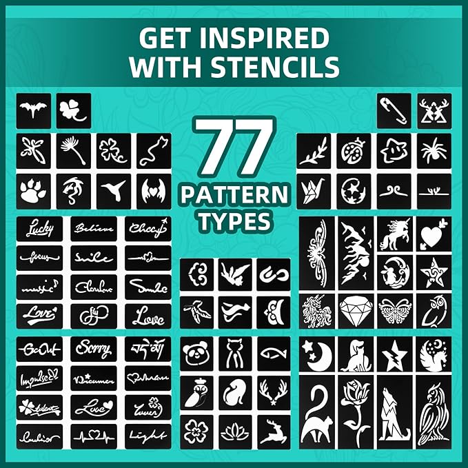 Temporary Tattoo Metallic Markers for Skin,16-Count Body Markers+77 Large Tattoo Stencils of Assorted Colors for kids and Adults,Flexible Brush Tip, Bright colors, Skin-Safe*,Cosmetic-Grade.