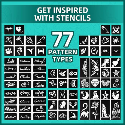 Temporary Tattoo Metallic Markers for Skin,16-Count Body Markers+77 Large Tattoo Stencils of Assorted Colors for kids and Adults,Flexible Brush Tip, Bright colors, Skin-Safe*,Cosmetic-Grade.