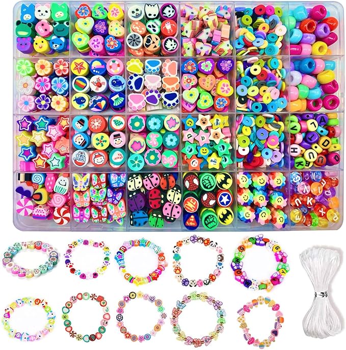 Bracelet Making kit, 1000pcs Polymer Clay Beads Bracelet Making kit, 24 Styles Fruit, Flower, Cake, Butterfly, Necklace, Earrings, DIY Bracelet Making kit Accessories for Women