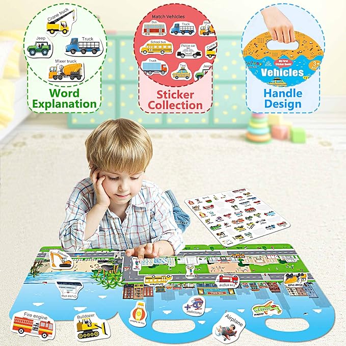 Reusable Sticker Books for Toddlers, Jelly Sticker Books for Kids, Vehicle Stickers for Kids