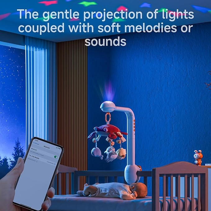 Tumama Baby Crib Mobile with Projection Night Light, Music and White Noise, Soft Plush Mirror Hanging Toys, Mute Spin Motor Nursery Toys for Infant 0-3, 6-9 Month Newborn Xmas Gift (Crab)