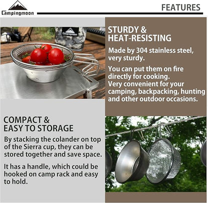 CAMPINGMOON 2pcs Set Stainless Steel Camping Sierra Cup 310ml with 1pc Colander S-220-2P/S-213