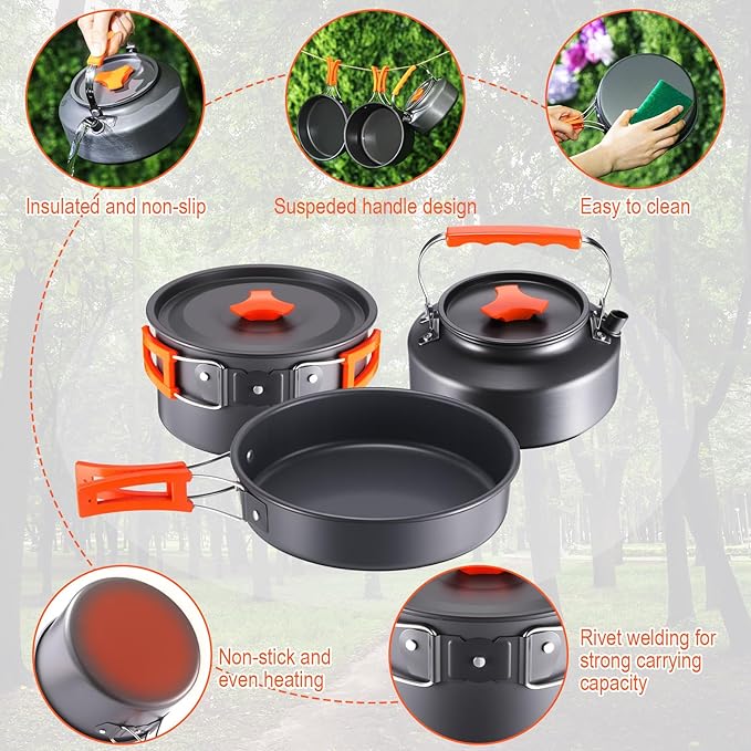Soulchen 25 Pcs Camping Cookware Mess Kit Camping Pots and Pans Set with 2 Set Stainless Steel Cups Plates Forks Knives Spoons for Camping, Backpacking, Outdoor Cooking and Picnic