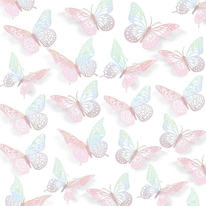 SAOROPEB 3D Wall Decor - 48 Pcs, 4 Styles, 3 Sizes - Laser Pink Butterfly Decorations for Birthday Parties, Removable Stickers