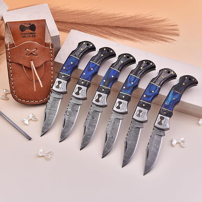 Set of 6 - Personalized Damascus Pocket Knife for Groomsmen -With Leather Sheaths - Custom Engraved Pocket Knives | Groomsman Gifts for Wedding, Groomsmen Proposal Gifts