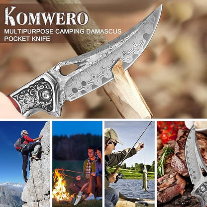 KOMWERO Damascus Pocket Knife for Men Women, Sharp VG10 Core Damascus Steel Knife for Outdoor Camping Survival Hunting - Wood Handle, Ball Bearing, Leather Sheath, Liner Lock