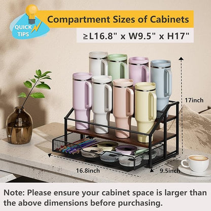 MOJOHAND Water Bottle Organizer for Stanley, 3-Tier 8 Bottles Rack with Storage Basket for Cup Accessories, Large Tumbler Holder Stand, Water Bottle Holder Wine Rack