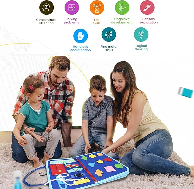 Montessori Busy Board for Toddlers, Sensory Creative Activity Toy for Fine Motor Skills Development, Educational Travel Companion for Boys & Girls, Rainbow Safari.