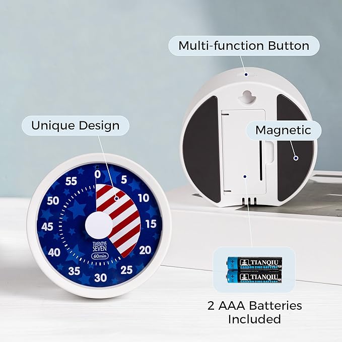 TWENTY5 SEVEN Countdown Timer 3 inch, Silent 60 Minute 1 Hour Visual Timer with Pause Function, Magnetic Classroom Teaching Tool Office Meeting, Countdown Clock for Kids Time Management, Blue Stars