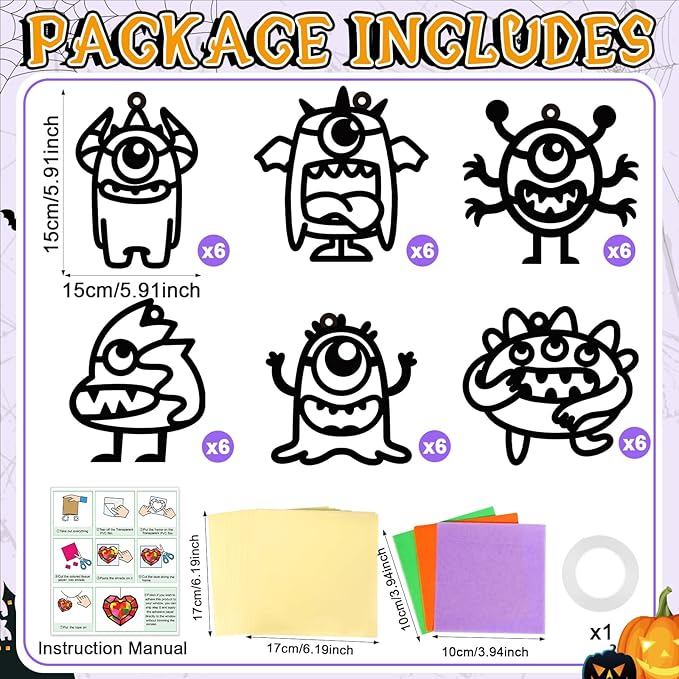 Qyeahkj 36 Set Halloween Monster Suncatchers Crafts for Kids DIY Monster Window Tissue Paper Craft Kit Hanging Decor for School Classroom Activity Art Project Holiday Home Birthday Party Favor Gift