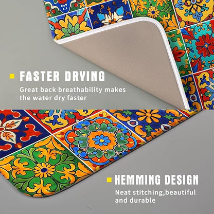 Mexican Tiles Dish Drying Mat for Kitchen Counter Absorbent Microfiber Dish