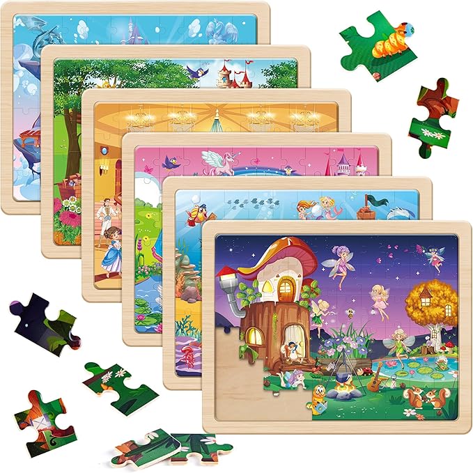 SYNARRY Unicorn Mermaid Princess Fairy Wooden Puzzles for Kids Ages 4-6, 6 Packs 60 PCs Jigsaw Puzzles for Kids Ages 4-8, Preschool Toys Gifts for Toddlers 3-5, Wood Puzzles for 3 4 5 6 Year Old Girls