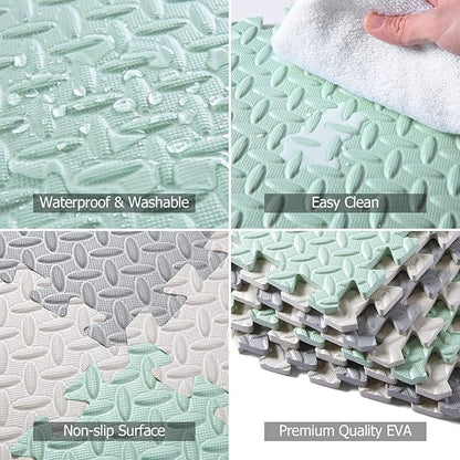 Foam Floor Mats for Kids, 12 x 12 Inch 16 Tiles 0.4" Thickness Foam Play Mat, Non-Toxic Square Interlocking Floor Mats Rubber Baby Play Mat for Toddlers(White/Gray/Bean Green)