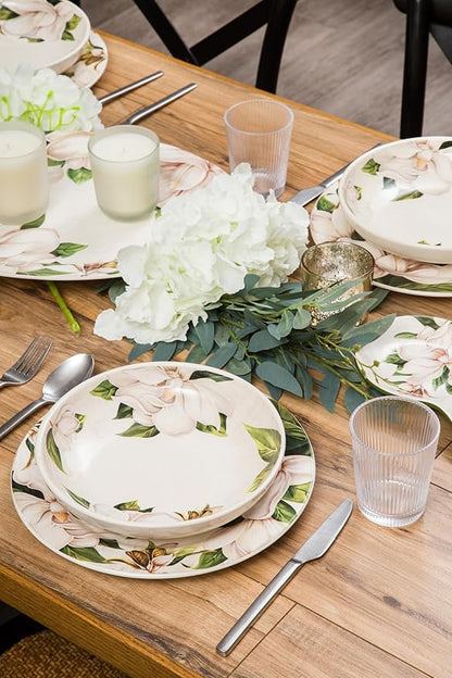 Bico Magnolia Floral Pasta Bowls, 35oz Salad Bowl Set of 4, Large Ceramic Serving Dinner Bowls for Soup and Cereal, Microwave and Dishwasher Safe, Gift for Housewarming and Thanksgiving