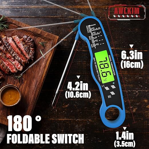AWLKIM® Meat Thermometer Digital - Fast Instant Read Food Thermometer for Cooking, Candy Making, Outside Grill, IP67 Waterproof Kitchen Thermometer with Backlight, Stocking Stuffers for Men - Blue