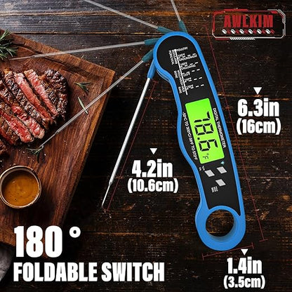 AWLKIM® Meat Thermometer Digital - Fast Instant Read Food Thermometer for Cooking, Candy Making, Outside Grill, IP67 Waterproof Kitchen Thermometer with Backlight, Stocking Stuffers for Men - Blue