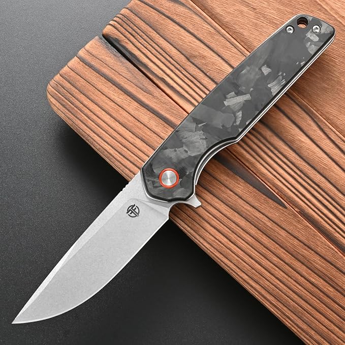 FF19 Folding Pocket Knife，D2 Steel Blade Carbon Fiber Handle EDC Tool Knife for Outdoor Camping Hunting Fishing Working(Black)