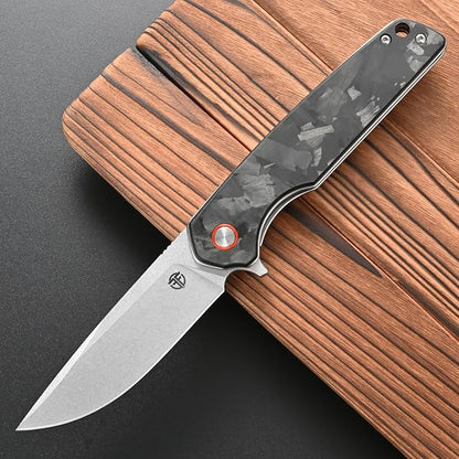 FF19 Folding Pocket Knife，D2 Steel Blade Carbon Fiber Handle EDC Tool Knife for Outdoor Camping Hunting Fishing Working(Black)