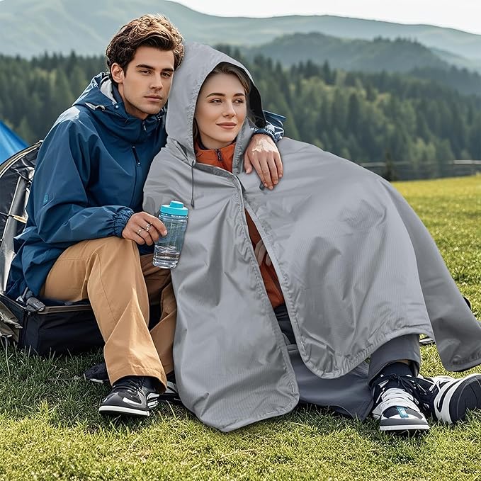 Fleece Waterproof Outdoor Blanket - Windproof Stadium Blanket for Camping, Picnics, and Sports Stay Dry and Comfortable 80"x 58"(Hoodeed, Gray)