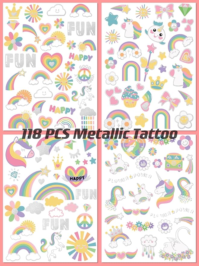 118 PCS Kids Tattoos Temporary for Girls, Unicorn Rainbow Crown Glitter Tattoos, Girls Unicorn Party Decorations Kids Birthday Party Favor Supplies Princess Tattoos Stickers