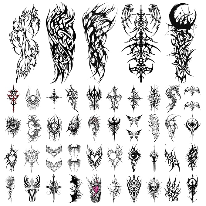 77 Sheets Cyborg Tribal Temporary Tattoo for Women Men, 17 Half Arm Large Skull Butterfly Fake Tattoos, 60 Black Vintage Tiny Adult Kid Body Tattoos Stickers Realistic Waterproof Long Lasting