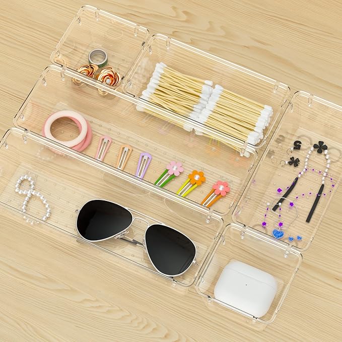 WOWBOX 9 Pack Clear Drawer Organizer Set, Acrylic Drawer Storage Trays