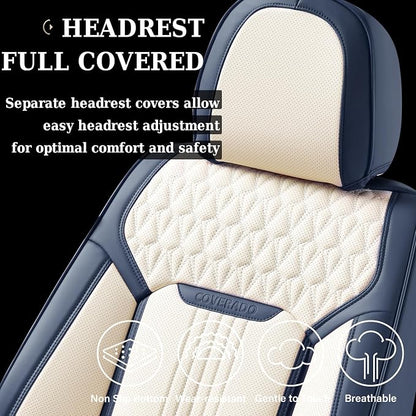 Coverado Car Seat Covers Full Set, Front Seat Cover and Back Seat Covers for Cars, Faux Leather Waterproof Seat Covers, Universal Seat Covers for Most Vehicles (Air Backrest-Blue&White, FullSet)