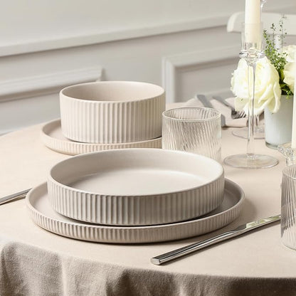 Stone Lain Haven Modern Stoneware 4 Piece Pasta Bowl Sets, Dish Set for 4, Reactive Glaze Beige