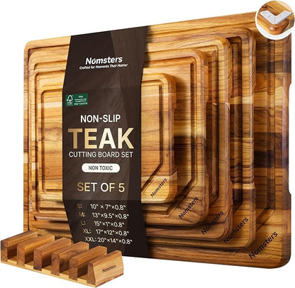 5 Pack Teak Wood Cutting Board Set
